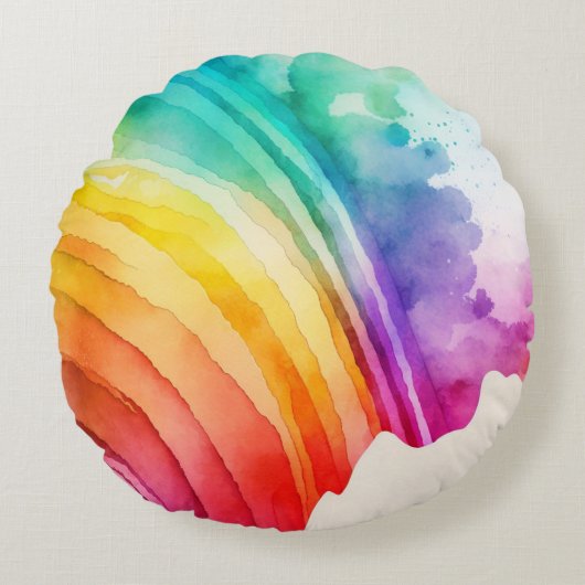 レインボー色彩の鮮やかウォーターカラーのブラシストローク抽象芸術 ラウンドクッション (正面)