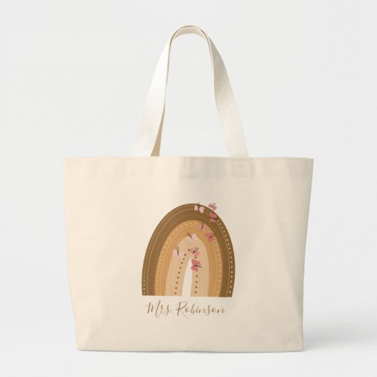 レインボー蝶スクリプト先生名 ラージトートバッグ (正面)