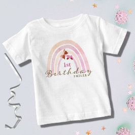 レインボー蝶バースデーパーティパステルピンクス ベビーTシャツ