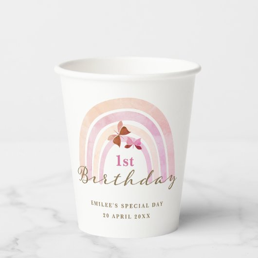 レインボー蝶バースデーパーティパステルピンクス 紙コップ (正面)