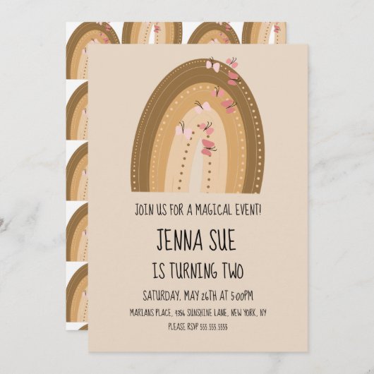 レインボー蝶ボヘミアンハンドドロード誕生日 招待状 (正面/裏面)