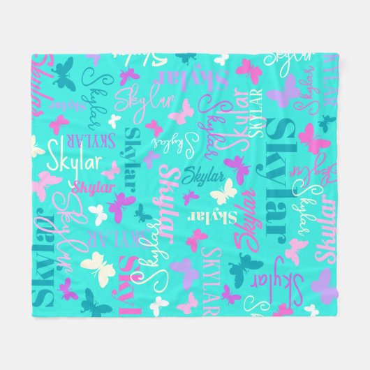 レインボー蝶名前をカスタムするアクアスカイラー フリースブランケット (正面(横))