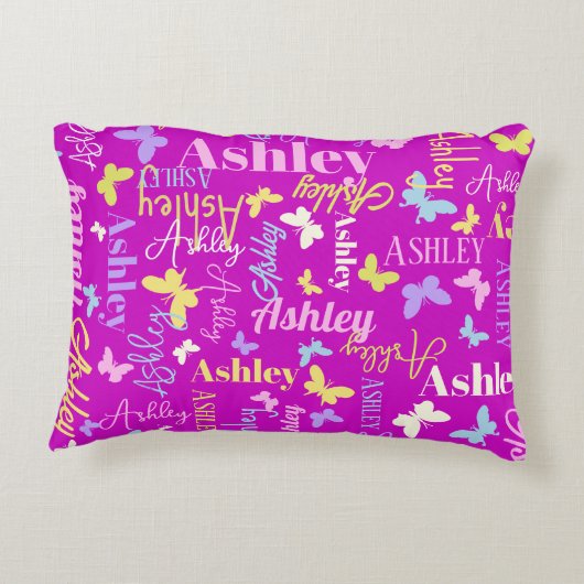 レインボー蝶名前をカスタムするアシュリーパープル アクセントクッション (裏面)