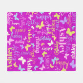 レインボー蝶名前をカスタムするアシュリーパープル フリースブランケット (正面(横))