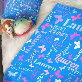 レインボー蝶名前をカスタムするスカイブルーローレン フリースブランケット