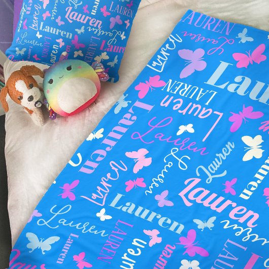 レインボー蝶名前をカスタムするスカイブルーローレン フリースブランケット