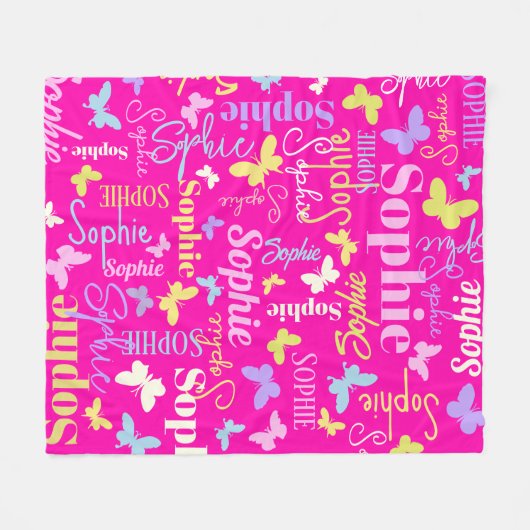 レインボー蝶名前をカスタムするソフィー熱いピンク フリースブランケット (正面(横))