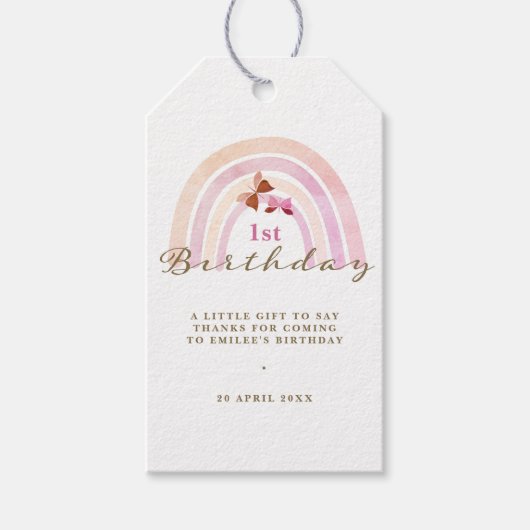 レインボー蝶誕生日パステルピンクサンキュー ギフトタグ (正面)