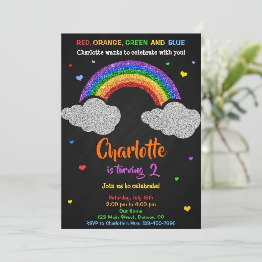 レインボー誕生日の招待グリッターレインボー招待状 招待状 (スタンド正面)