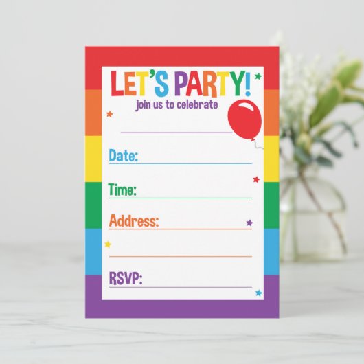 レインボー誕生日をテーマにしたパーティの招待状カード 招待状 (スタンド正面)
