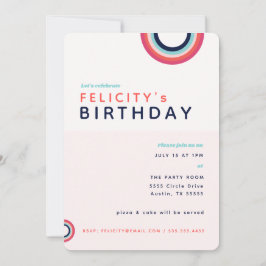 レインボー誕生日キッズピンクブルーティール（緑がかった色）パーティー 招待状