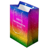 レインボー誕生日グリーンピンクイエローグリッター ミディアムペーパーバッグ (正面アングル)