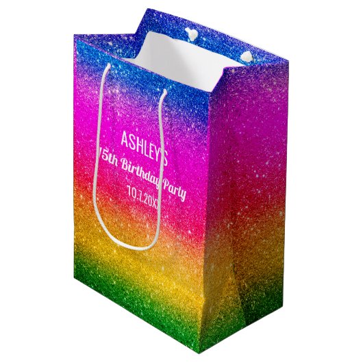 レインボー誕生日グリーンピンクイエローグリッター ミディアムペーパーバッグ (正面アングル)