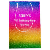 レインボー誕生日グリーン ピンク イエロー グリッター ミディアムペーパーバッグ (正面)