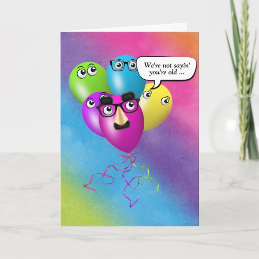 レインボー誕生日バルーン群からのユーモア カード (正面)