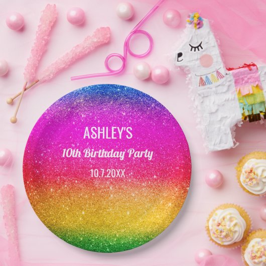 レインボー誕生日パープルイエロースパークル ペーパープレート (パーティー)