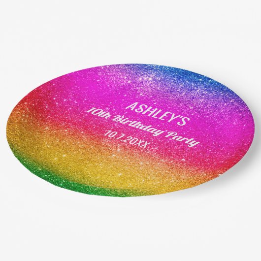 レインボー誕生日パープルイエロースパークル ペーパープレート (アングル)