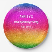 レインボー誕生日パープルイエロースパークル ペーパープレート (正面)