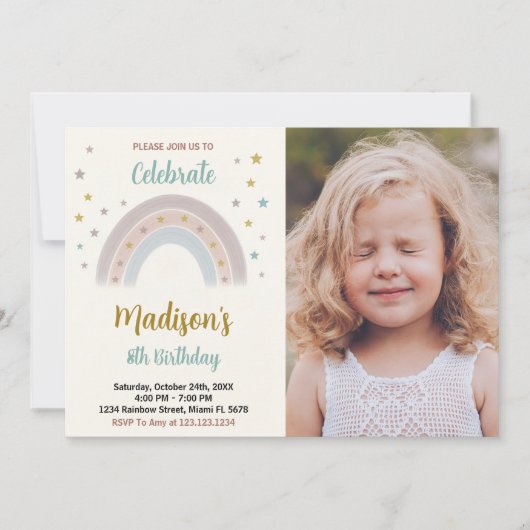 レインボー誕生日招待状と写真 招待状 (正面)