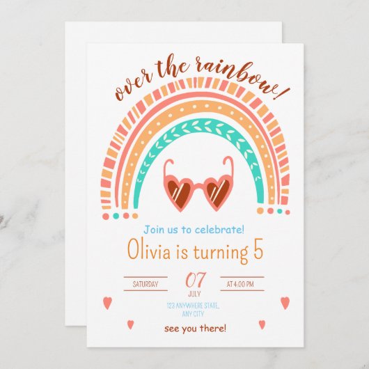 レインボー誕生日招待状ウォーターカラーレインボー 招待状 (正面/裏面)