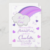 レインボー誕生日、レインボーパーティー、パープルレインボー 招待状 (正面/裏面)