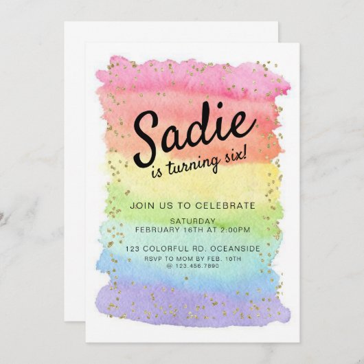 レインボー誕生日、任意の年齢、女の子パーティー 招待状 (正面/裏面)