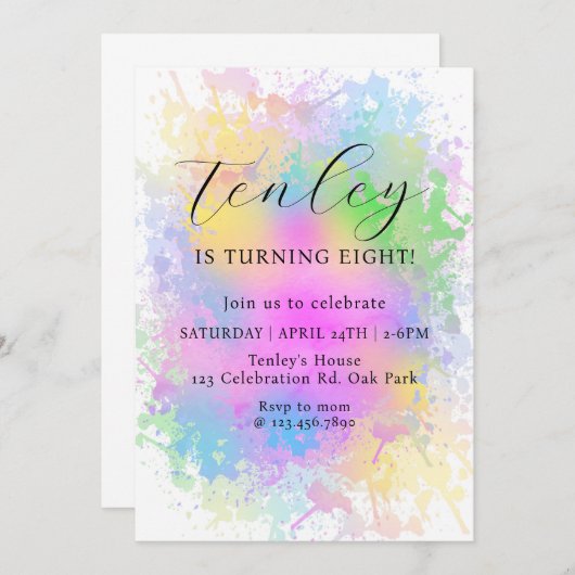 レインボー誕生日,水彩,レインボーパーティー, 招待状 (正面/裏面)