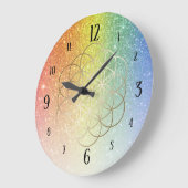 レインボー金ゴールドの花のグリッターグラデーション ラージ壁時計 (傾斜)