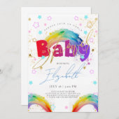 レインボー金ゴールドウォーターカラーベビーシャワー招待状 招待状 (正面/裏面)