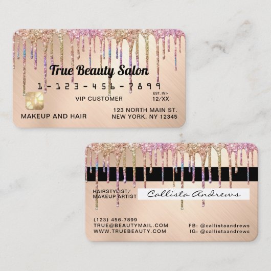 レインボー金ゴールドグリッタードリップメタリッククレジット 名刺 (正面/裏面)