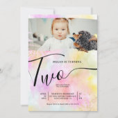 レインボー金ゴールドグリッターパステル1枚の写真2回目の誕生日 招待状 (正面)