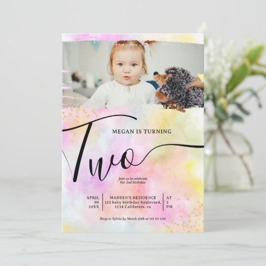 レインボー金ゴールドグリッターパステル1枚の写真2回目の誕生日 招待状 (スタンド正面)