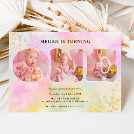 レインボー金ゴールドグリッターパステル3枚1歳の誕生日 招待状