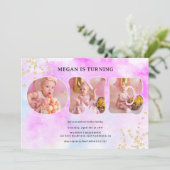 レインボー金ゴールドグリッターパステル3枚1歳の誕生日 招待状 (スタンド正面)