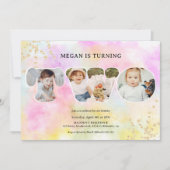 レインボー金ゴールドグリッターパステル3枚2歳の誕生日 招待状 (正面)