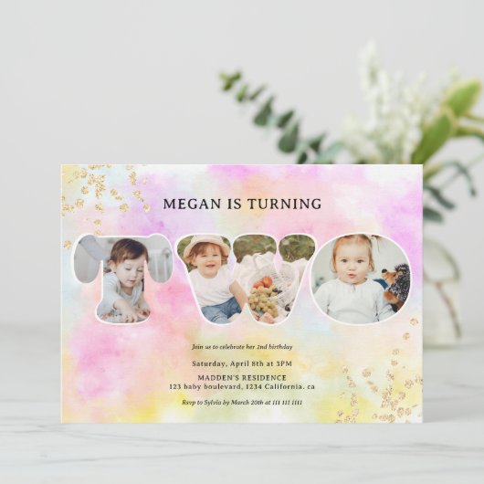 レインボー金ゴールドグリッターパステル3枚2歳の誕生日 招待状 (スタンド正面)