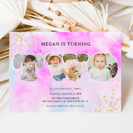 レインボー金ゴールドグリッター紫3枚2歳の誕生日 招待状