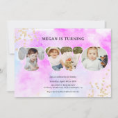 レインボー金ゴールドグリッター紫3枚2歳の誕生日 招待状 (正面)