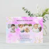 レインボー金ゴールドグリッター紫3枚2歳の誕生日 招待状 (スタンド正面)