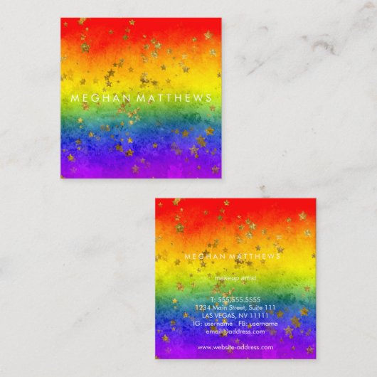 レインボー金ゴールドスターズスパークル美しいスタイリストメイクアップ スクエア名刺 (正面/裏面)