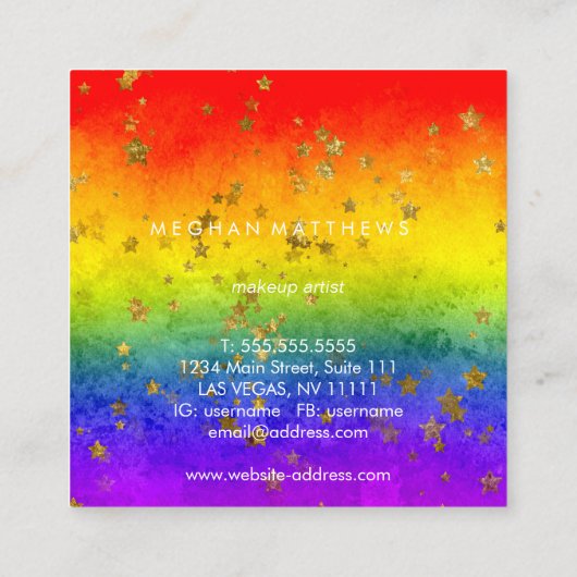 レインボー金ゴールドスターズスパークル美しいスタイリストメイクアップ スクエア名刺 (裏面)