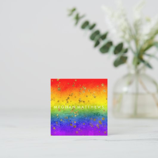 レインボー金ゴールドスターズスパークル美しいスタイリストメイクアップ スクエア名刺 (スタンド正面)