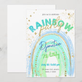 レインボー金ゴールドスター誕生日招待状 招待状 (正面/裏面)