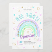 レインボー金ゴールドスター誕生日招待状 招待状 (正面/裏面)