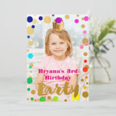 レインボー金ゴールドドットバースデーパーティーフォト招待状 招待状 (スタンド正面)