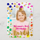 レインボー金ゴールドドットバースデーパーティーフォト招待状 招待状 (正面/裏面)