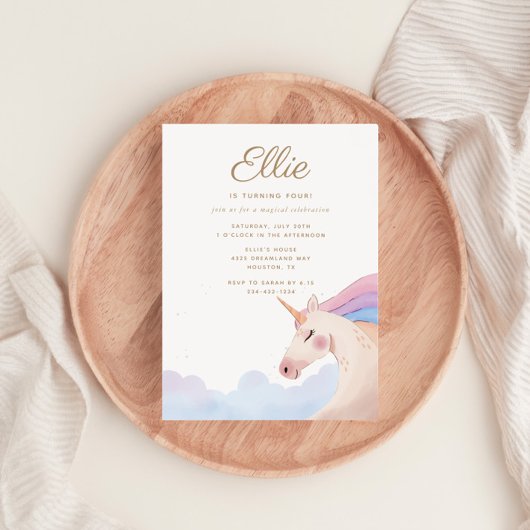 レインボー金ゴールド水彩ユニコーンバースデーパーティー | 招待状