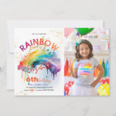 レインボー金ゴールド水彩写真誕生日招待状 招待状 (正面)