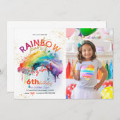 レインボー金ゴールド水彩写真誕生日招待状 招待状 (正面/裏面)