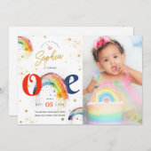 レインボー金ゴールド水彩1st誕生日招待状 招待状 (正面/裏面)